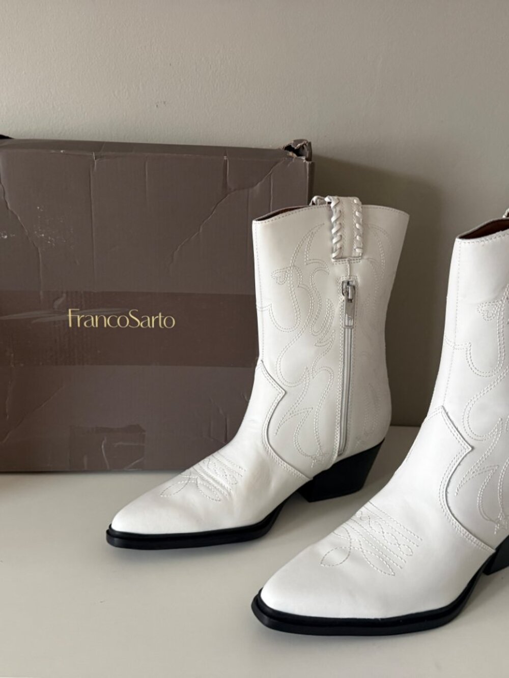 Franco Sarto Bianca White Leather Western Cowboy Boots Size 8.5 M